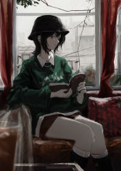 Rule 34 | 1girl, 7ife, absurdres, black hair, black hat, book, bucket hat, closed mouth, collared shirt, commentary, couch, curtains, english commentary, feet out of frame, green nails, green sweater, hat, highres, holding, holding book, indoors, kneehighs, long sleeves, medium hair, nail polish, original, shirt, sitting, socks, solo, sweater, white shirt, window