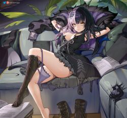 Rule 34 | 1girl, areola slip, arms up, black dress, black hair, black jacket, book, boots, breasts, closed mouth, couch, dress, fang, fur-trimmed jacket, fur trim, greatodoggo, hair ornament, highres, hololive, hololive english, jacket, kneehighs, large breasts, looking at viewer, lying, multicolored hair, on back, open book, panties, panties around leg, purple hair, shiori novella, shiori novella (1st costume), short dress, single kneehigh, single sock, smile, socks, solo, split-color hair, two-tone hair, underwear, unworn boots, virtual youtuber, yellow eyes, yorick (shiori novella)