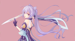Rule 34 | 1girl, absurdres, back, double bun, fibonacci no usagi, genshin impact, gloves, hair between eyes, hair bun, highres, holding, holding sword, holding weapon, keqing (genshin impact), long hair, looking at viewer, open mouth, pink background, purple gloves, simple background, solo, sword, twintails, v-shaped eyebrows, weapon