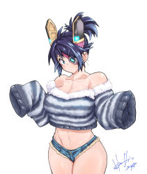 Rule 34 | 1girl, alternate costume, alternate hairstyle, blue eyes, blush, breasts, denim, eyepatch, headgear, hori shin, jeans, kantai collection, large breasts, looking at viewer, micro shorts, no mouth, pants, ponytail, purple hair, short hair, short ponytail, short shorts, shorts, simple background, solo, sweater, tenryuu (kancolle), white background