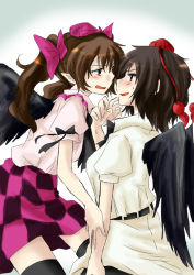 Rule 34 | 2girls, black hair, blush, brown hair, checkered clothes, checkered skirt, eye contact, female focus, hair ribbon, hat, himekaidou hatate, imminent kiss, looking at another, miniskirt, multiple girls, necktie, open mouth, pointy ears, purple skirt, red eyes, ribbon, shameimaru aya, short hair, skirt, thighhighs, tokin hat, touhou, twintails, unya, wings, yuri