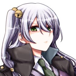 Rule 34 | 1girl, :/, assault lily, bell, black cloak, cardigan, cloak, closed mouth, collared shirt, commentary request, frown, green eyes, green necktie, grey hair, hair bell, hair between eyes, hair ornament, hidai miyazu, high collar, highres, jingle bell, long hair, looking at viewer, necktie, one side up, portrait, purple cardigan, school uniform, shirt, simple background, solo, tora (yoaq151bibozrrb), v-shaped eyebrows, white background, white shirt