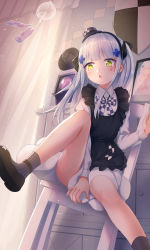 Rule 34 | 1girl, absurdres, aged down, bare legs, between legs, black dress, blush, bow, bowtie, checkered bow, checkered bowtie, checkered clothes, checkered neckwear, cross, dress, facepaint, facing viewer, feet out of frame, girls&#039; frontline, green eyes, hair ornament, hairclip, hand between legs, hat, highres, hk416 (black kitty&#039;s gift) (girls&#039; frontline), hk416 (girls&#039; frontline), indoors, iron cross, knee up, long hair, looking to the side, mini hat, official alternate costume, on chair, silver hair, sitting, solo, spread legs, teardrop, white dress, wo you yibei jia wanli