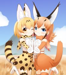 Rule 34 | 10s, 2girls, animal ears, belt, blonde hair, blue eyes, blue sky, blush, bow, bowtie, breast press, brown gloves, brown hair, brown legwear, brown neckwear, caracal (kemono friends), cheek-to-cheek, cloud, cross-laced clothes, day, elbow gloves, extra ears, gloves, heads together, high-waist skirt, highres, holding hands, interlocked fingers, kemono friends, long hair, looking at viewer, mountain, multiple girls, one eye closed, outdoors, print gloves, print legwear, print neckwear, print skirt, serval (kemono friends), serval print, serval tail, shin01571, shirt, skirt, sky, sleeveless, sleeveless shirt, smile, spotted hair, symmetrical docking, tail, thighhighs, traditional bowtie, v, white belt, white gloves, yellow eyes, yellow gloves, yellow legwear, yellow neckwear, yellow skirt, zettai ryouiki