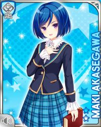 Rule 34 | 1girl, akasegawa maki, blue background, blue bow, blue hair, blue jacket, blue skirt, book, bow, card, character name, collar, girlfriend (kari), hand on chest, holding, jacket, jewelry, looking at viewer, necklace, official art, open mouth, plaid, plaid skirt, purple eyes, qp:flapper, school uniform, short hair, skirt, smile, sweater, table, tagme