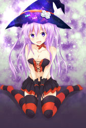 Rule 34 | 1girl, blush, breasts, d-pad, hair ornament, halloween, hat, highres, long hair, looking at viewer, navel, nepgear, neptune (series), niche-tan, open mouth, purple eyes, purple hair, smile, solo, striped clothes, striped thighhighs, thighhighs, witch hat