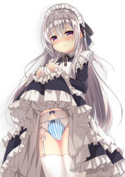 Rule 34 | 1girl, apron, black dress, blue bow, blush, bow, bow panties, closed mouth, clothes lift, commentary request, cowboy shot, dress, dress lift, frilled dress, frills, garter belt, hair between eyes, lifted by self, long hair, long sleeves, looking at viewer, maid, maid apron, maid headdress, nose blush, original, panties, purple eyes, silver hair, simple background, solo, striped clothes, striped panties, thighhighs, underwear, usume shirou, vertical-striped clothes, vertical-striped panties, very long hair, white apron, white background, white thighhighs