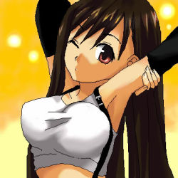 Rule 34 | 1990s (style), 1girl, armpits, arms up, asahana jun, breasts, brown hair, final fantasy, final fantasy vii, large breasts, long hair, lowres, one eye closed, solo, stretching, tifa lockhart, upper body, wink
