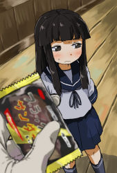 Rule 34 | 10s, 1girl, black hair, black thunder (chocolate), blunt bangs, blurry, blush, brown eyes, collared shirt, commentary request, depth of field, gloves, hatsuyuki (kancolle), highres, indoors, kantai collection, kneehighs, long hair, looking to the side, neckerchief, out of frame, pleated skirt, pov, sailor collar, school uniform, serafuku, shirt, skirt, socks, solo focus, valentine, vanilla (nekomist), white gloves, wooden floor