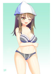 Rule 34 | 10s, 1girl, aqua background, artist name, black bra, black panties, blue hat, bow, bow bra, bow panties, bra, breast hold, breasts, cleavage, cowboy shot, crotch seam, girls und panzer, gradient background, hat, highres, lace, lace-trimmed bra, lace trim, long hair, looking at viewer, medium breasts, mika (girls und panzer), navel, one eye closed, open mouth, panties, signature, smile, solo, standing, underwear, win opz