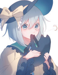 Rule 34 | 1girl, absurdres, animal, black cat, black hat, blouse, blush, bow, cat, commentary, covered mouth, covering own mouth, frilled shirt collar, frilled sleeves, frills, green eyes, grey hair, hands up, hat, hat bow, highres, holding, holding animal, holding cat, komeiji koishi, long sleeves, looking at animal, puff of air, shirt, short hair, simple background, solo, toku kekakewanko, touhou, upper body, white background, wide sleeves, yellow bow, yellow shirt