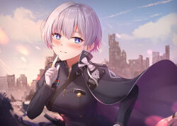 Rule 34 | + +, 1girl, black cape, black dress, blue eyes, blush, cape, cityscape, closed mouth, colored inner hair, dress, earrings, finger to own chin, gloves, goddess of victory: nikke, highres, jewelry, liliweiss (nikke), military uniform, multicolored hair, muwa12, outdoors, pink hair, purple cape, ruins, short hair, smile, solo, star-shaped pupils, star (symbol), symbol-shaped pupils, two-tone cape, uniform, upper body, white gloves, white hair