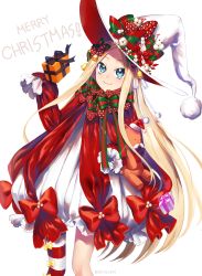 Rule 34 | 1girl, abigail williams (fate), asymmetrical legwear, bad id, bad pixiv id, bell, blonde hair, blue eyes, bow, box, christmas, closed mouth, commentary, dress, fate/grand order, fate (series), gift, gift box, green bow, hair bell, hair ornament, hair ribbon, hat, hat bow, highres, holding, holding gift, long hair, long sleeves, looking up, merry christmas, pantyhose, parted bangs, pom pom (clothes), puff (ksy61900), red bow, ribbon, santa hat, simple background, single thighhigh, sleeves past wrists, smile, solo, striped bow, striped clothes, striped pantyhose, striped thighhighs, stuffed animal, stuffed toy, teddy bear, thighhighs, twitter username, uneven legwear, very long hair, white background, white dress, white hat, white ribbon, witch hat, yellow bow