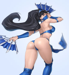 Rule 34 | 1girl, ass, bare shoulders, black eyes, black hair, blue background, blue footwear, boots, breasts, commentary, dual wielding, earrings, hand fan, haori, highleg, highres, holding, holding weapon, japanese clothes, jewelry, kitana, long hair, looking at viewer, looking back, mask, medium breasts, mortal kombat (series), mortal kombat (series), mortal kombat 9, mouth mask, ninja mask, ozkh, pelvic curtain, shiny skin, simple background, solo, thigh boots, thighhighs, thighs, tiara, vambraces, weapon