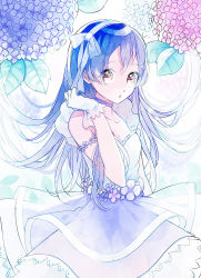 Rule 34 | 1girl, blue hair, choker, commentary request, dress, flower, frills, gloves, hair between eyes, hair ribbon, hydrangea, long hair, looking at viewer, love live!, love live! school idol project, maayan, open mouth, ribbon, solo, sonoda umi, white gloves, yellow eyes