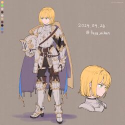Rule 34 | 1girl, armor, armored boots, blonde hair, boots, breastplate, cape, color guide, dated, faulds, flat color, full body, garter straps, gauntlets, green eyes, helmet, holding, holding helmet, nagi itsuki, original, plate armor, pouch, shield, shield on back, short hair, shoulder armor, simple background, solo, standing, tassel, thigh pouch, thighhighs