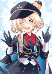 Rule 34 | 1girl, absurdres, aiguillette, animal, animal on head, belt, blonde hair, blush, cape, cat, collared shirt, gloves, hat, highres, jacket, long sleeves, looking at viewer, machita chima, military uniform, necktie, nijisanji, on head, open mouth, shirt, short hair, sleeve cuffs, smile, solo, tsumurimai, uniform, virtual youtuber, yellow eyes