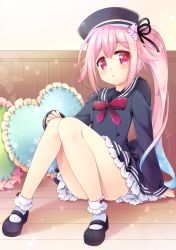 Rule 34 | 10s, 1girl, :o, arm at side, black footwear, black hat, black ribbon, blue hair, blush, bow, cherry blossoms, eyebrows, eyelashes, floral print, flower, frilled pillow, frills, full body, gradient hair, hair flower, hair ornament, hair ribbon, harusame (kancolle), hat, heart, heart-shaped pillow, kantai collection, long hair, long sleeves, looking at viewer, mary janes, md5 mismatch, miniskirt, multicolored hair, on floor, pillow, pink eyes, pink flower, pink hair, pleated skirt, red bow, ribbon, ringo sui, school uniform, serafuku, shadow, shoes, side ponytail, sitting, skirt, socks, solo, two-tone hair, upskirt, very long hair, wall, white socks, wooden floor, wooden wall