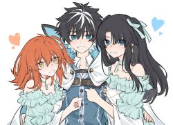 Rule 34 | 1girl, 2boys, black hair, blue dress, blue eyes, blue shirt, cape, charlemagne (fate), command spell, crossdressing, dress, fate/grand order, fate (series), frills, fujimaru ritsuka (female), fujimaru ritsuka (male), grin, hair ribbon, hands on another&#039;s hips, heart, highres, looking at viewer, medium hair, multicolored hair, multiple boys, one side up, orange hair, ribbon, shirt, short hair, simple background, smile, streaked hair, two-sided cape, two-sided fabric, two-tone hair, upper body, white background, yellow eyes, yukihara sbgd
