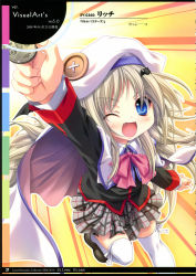 Rule 34 | 1girl, :d, absurdres, blonde hair, blue eyes, bow, cape, coin, fang, hat, highres, little busters!, miyama-zero, noumi kudryavka, one eye closed, open mouth, pink bow, school uniform, smile, solo, thighhighs, twintails, wink