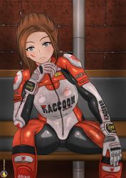 Rule 34 | 1girl, absurdres, alternate costume, biker clothes, bikesuit, blue eyes, bodysuit, brown hair, claire redfield, gloves, highres, looking at viewer, personanongrata, resident evil, resident evil 2, scar, scar on face, shoulder pads, sitting, skin tight, solo, white gloves