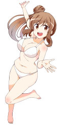 Rule 34 | 1girl, absurdres, bikini, breasts, brown eyes, brown hair, cevio, cleavage, full body, hair bun, highres, large breasts, long hair, looking at viewer, navel, open mouth, round teeth, satou sasara, side ponytail, simple background, single hair bun, solo, swimsuit, t shatsu, teeth, upper teeth only, white background