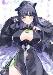 Rule 34 | 1girl, absurdres, black dress, black gloves, black hair, blue archive, blush, breasts, breasts apart, bridal gauntlets, covered navel, dress, fur shawl, gloves, green eyes, halo, highres, large breasts, looking at viewer, meunhongcha, multicolored hair, purple hair, shawl, shun (blue archive), side slit, sideboob, smile, solo, two-tone hair