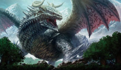 Rule 34 | dragon, highres, kakotomirai, mountain, no humans, open mouth, original, outdoors, rock, tree