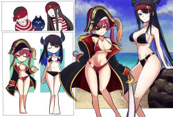 2girls 2others ;) absurdres asymmetrical_horns bare_arms bare_legs bare_shoulders beach bicorne bikini black_bikini black_hair blue_hair breasts cd_usr cleavage colored_inner_hair commentary cutlass eyepatch grin hair_between_eyes hairband hat highres hololive hololive_english hook_hand horns houshou_marine jailbird_(nerissa_ravencroft) jewelry large_breasts looking_at_viewer mole mole_on_thigh multicolored_hair multiple_girls multiple_others multiple_views navel necklace nerissa_ravencroft one_eye_closed parted_lips pirate_hat red_bikini red_eyes red_hair red_hairband rock sand shirt smile striped_clothes striped_shirt swimsuit two-tone_hair virtual_youtuber