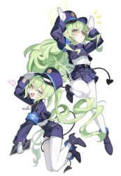 Rule 34 | 2girls, absurdres, armband, arms up, black hat, black shorts, black tail, blue archive, blue armband, buttons, cropped jacket, double-breasted, fang, full body, gloves, green eyes, green hair, green halo, halo, hat, hikari (blue archive), nozomi (blue archive), highres, legs folded, long hair, multiple girls, pantyhose, peaked cap, pleated skirt, pointy ears, shirt, shorts, skin fang, skirt, smile, tamago (eva1314056), train conductor, twintails, white background, white gloves, white pantyhose, white shirt