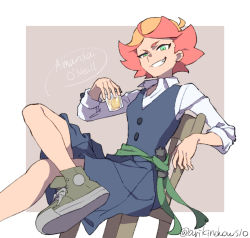Rule 34 | 1girl, amanda o&#039;neill, arikindows10, artist name, chair, character name, collared shirt, cup, green eyes, grey background, holding, holding cup, crossed legs, little witch academia, long sleeves, looking at viewer, luna nova school uniform, multicolored hair, open mouth, orange hair, pleated skirt, red hair, school uniform, shirt, shoes, short hair, sitting, skirt, smug, sneakers, solo, teeth, twitter username, two-tone background, two-tone hair, wand, white background, white shirt, wooden chair