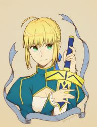 Rule 34 | 1girl, ahoge, artoria pendragon (all), artoria pendragon (fate), blonde hair, blue ribbon, braid, braided bun, breasts, cleavage, closed mouth, cropped torso, excalibur (fate/stay night), fate/stay night, fate (series), green eyes, grey background, hair bun, hair ribbon, highres, holding, holding sword, holding weapon, long sleeves, looking to the side, ribbon, saber (fate), shayubi, short hair, simple background, small breasts, smile, solo, sword, twitter username, upper body, weapon