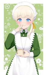 Rule 34 | 1girl, apron, blonde hair, blue eyes, box, cowboy shot, dress, floral background, green background, green dress, hair ribbon, highres, kantai collection, long hair, looking at viewer, maid, maid headdress, official alternate costume, ribbon, shin&#039;you (kancolle), solo, standing, white apron, yomogi dango