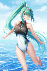 Rule 34 | 1girl, :d, bare arms, bare legs, bare shoulders, barefoot, blue sky, blush, breasts, character name, clothes writing, cloud, collarbone, commentary, competition swimsuit, covered navel, day, english commentary, feet, gem, green eyes, green hair, hair between eyes, hairband, head tilt, high ponytail, highres, large breasts, leg up, long hair, looking at viewer, matching hair/eyes, nintendo, ocean, one-piece swimsuit, open mouth, outdoors, pneuma (xenoblade), redpoke, round teeth, sidelocks, skin tight, sky, smile, solo, spoilers, standing, standing on one leg, swept bangs, swimsuit, teeth, tiara, upper teeth only, very long hair, water, water drop, wet, white hairband, xenoblade chronicles (series), xenoblade chronicles 2