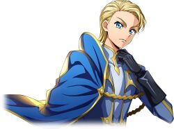 Rule 34 | 1boy, artist request, black gloves, blonde hair, blue cape, blue eyes, cape, closed mouth, code geass, code geass: lost stories, code geass (manga), cropped torso, forehead, game cg, gloves, gold trim, hand up, jacket, long sleeves, looking at viewer, male focus, military uniform, non-web source, official art, schnee hexenhaus, serious, shirt, short hair, side cape, simple background, solo, standing, transparent background, uniform, upper body, v-shaped eyebrows, white jacket, white shirt