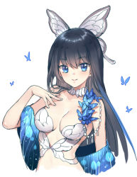 Rule 34 | 1girl, black hair, blue eyes, blush, breasts, bug, butterfly, butterfly hair ornament, closed mouth, hair ornament, hand on own chest, hand up, insect, kangetsu (fhalei), long hair, looking at viewer, medium breasts, original, revealing clothes, simple background, smile, solo, upper body, white background