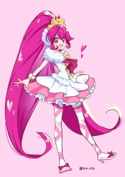 Rule 34 | 1girl, :d, aino megumi, bow, brooch, criss-cross straps, cure lovely, curly sidelocks, dot nose, footwear bow, full body, hair ornament, happinesscharge precure!, heart, heart brooch, high heels, high ponytail, highres, jewelry, layered skirt, long hair, looking at viewer, magical girl, open mouth, pink bow, pink eyes, pink footwear, pink hair, pink ribbon, pink skirt, pink theme, plv 276, precure, ribbon, skirt, smile, solo, standing, standing on one leg, super happiness lovely, thighlet, twitter username, very long hair, white skirt, white wrist cuffs, wrist cuffs