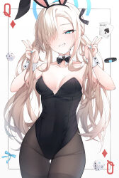 Rule 34 | 1girl, ace (playing card), ace of spades, aged down, animal ears, asuna (blue archive), black bow, black bowtie, black leotard, black pantyhose, blue archive, blue eyes, blue nails, bow, bowtie, breasts, card (medium), detached collar, diamond (shape), double v, halo, highres, infinity (kkx132), leotard, light brown hair, low twintails, mole on chest, nail polish, pantyhose, playboy bunny, playing card, rabbit ears, royal flush, small breasts, solo, spade (shape), strapless, strapless leotard, swept bangs, thigh gap, thighband pantyhose, twintails, v, wrist cuffs