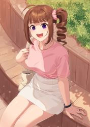 Rule 34 | 1girl, :d, ahoge, bag, bench, blunt bangs, breasts, brown hair, commentary request, cowboy shot, day, drill hair, fingernails, from above, hair ornament, hair scrunchie, hand up, high-waist skirt, holding strap, idolmaster, idolmaster million live!, jewelry, kamille (vcx68), light blush, long fingernails, looking at viewer, medium breasts, miniskirt, nail polish, open mouth, outdoors, pink nails, pink scrunchie, pink shirt, plant, purple eyes, ring, scrunchie, shadow, shirt, shirt tucked in, short hair, short sleeves, shoulder bag, side ponytail, sidelocks, sitting, skirt, smile, solo, sparkle, teeth, upper teeth only, watch, white bag, white skirt, wristwatch, yokoyama nao