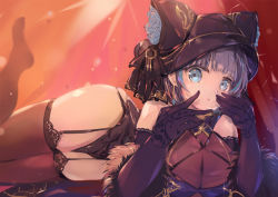 Rule 34 | 1girl, azur lane, bare shoulders, black headwear, blue eyes, blue hair, breasts, brown thighhighs, cheshire (azur lane), cheshire (cait sith crooner) (azur lane), china dress, chinese clothes, cleavage, cleavage cutout, clothing cutout, dress, feather boa, garter straps, gloves, highres, large breasts, looking at viewer, lying, multicolored hair, official alternate costume, on side, panties, pelvic curtain, purple dress, purple gloves, purple hair, see-through, see-through cleavage, shika (shika0), sleeveless, sleeveless dress, solo, streaked hair, string panties, thighhighs, two-tone hair, underwear