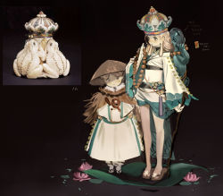 Rule 34 | 2girls, absurdres, blonde hair, blush, child, closed mouth, commentary request, dark background, dress, flower, frog, full body, grey eyes, hat, highres, holding, holding stick, jewelry, korean commentary, long dress, long hair, long sleeves, looking at viewer, looking away, multiple girls, nose blush, original, parted bangs, personification, photo-referenced, photo inset, pink flower, reference inset, sandals, shycocoa, simple background, smile, standing, stick, traditional clothes, translation request, white legwear, wide sleeves