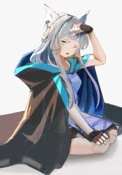 Rule 34 | 1girl, animal ears, arknights, black cape, black gloves, cape, cat ears, cat girl, dress, earpiece, fang, fingerless gloves, gloves, green eyes, grey hair, hand up, highres, long hair, looking at viewer, nnicoinu, one eye closed, open mouth, rosmontis (arknights), seiza, simple background, sitting, skin fang, solo, white background, white dress