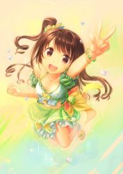 Rule 34 | 1girl, :d, arm up, bare shoulders, bow, bracelet, breasts, brown eyes, brown hair, cleavage, collarbone, commentary, crop top, detached sleeves, frills, full body, hair bow, half updo, highres, idolmaster, idolmaster cinderella girls, jewelry, jumping, layered skirt, long hair, medium breasts, navel, one side up, open mouth, puffy sleeves, shimamura uzuki, skirt, smile, solo, sparkle, takoyaki (roast), v, water drop