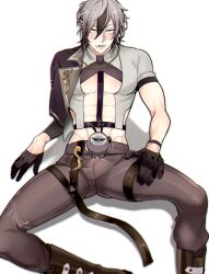 Rule 34 | abs, asymmetrical sleeves, bird, bishounen, black gloves, breasts, brown hair, brown pants, chain, father (nu carnival), gloves, gluteal fold, grey hair, half gloves, highres, long sleeves, looking at viewer, male focus, mole, mole on breast, mole on chest, multicolored hair, nu carnival, otinton014, owl, pants, rei (nu carnival), short hair, short sleeves, smile, two-tone hair