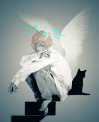 Rule 34 | 1boy, akke (akke299), angel wings, aqua eyes, barefoot, blouse, blurry, brown hair, cat, depth of field, feathered wings, full body, grey background, grey pants, halo, hand on own arm, kanae (nijisanji), long sleeves, looking at viewer, male focus, nijisanji, outstretched arm, pants, shirt, short hair, silhouette, sitting, sitting on stairs, sleeves past wrists, smile, stairs, virtual youtuber, white shirt, white wings, wings