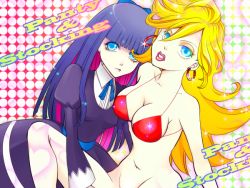 Rule 34 | 10s, bikini, blue eyes, bow, breasts, cleavage, dress, earrings, english text, hair bow, hoop earrings, jewelry, lipstick, lolita fashion, long hair, makeup, multicolored hair, navel, no panties, open mouth, panty &amp; stocking with garterbelt, panty (psg), pink hair, purple hair, ribbon, siblings, sisters, sparkle, stocking (psg), swimsuit, two-tone hair