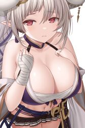 Rule 34 | 1girl, asamura hiori, azusa (granblue fantasy), bare shoulders, bikini, blush, breasts, cleavage, draph, granblue fantasy, highres, horns, large breasts, long hair, looking at viewer, navel, pointy ears, ponytail, purple bikini, red eyes, solo, swimsuit, thighs, white hair