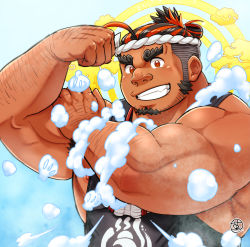 Rule 34 | 1boy, bara, black hair, blue background, bubble, dark-skinned male, dark skin, ei (marutendon), facial hair, fang, fang out, foam, goatee, gradient background, hachimaki, halo, halo behind head, headband, highres, looking at viewer, male focus, mature male, multicolored hair, muscular, muscular male, nipple slip, nipples, pectorals, red eyes, red hair, sarutahiko (housamo), short hair, sideburns, smile, solo, thick eyebrows, tokyo houkago summoners, two-tone hair, we can do it!