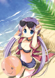 Rule 34 | 1girl, :3, ball, beach, beachball, belt collar, black bra, black shorts, blue eyes, blush, bra, bracelet, breasts, cleavage, collar, comiket 82, commentary request, day, eyewear on head, fujii rino, full body, fur-trimmed jacket, fur-trimmed shorts, fur trim, hair ornament, jacket, jewelry, kneeling, long hair, looking at viewer, medium breasts, navel, open clothes, open jacket, open mouth, outdoors, plant, purple hair, ragnarok online, red jacket, rogue (ragnarok online), sand, short shorts, short sleeves, shorts, solo, star (symbol), star hair ornament, sunglasses, twintails, underwear, water