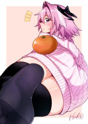 Rule 34 | 1boy, ^^^, alternate costume, ass, astolfo (fate), black bow, black thighhighs, blush, bow, closed mouth, commentary request, dress, fate/grand order, fate (series), feet, food, from behind, frown, fruit, hair between eyes, hair bow, hair intakes, long hair, looking at viewer, looking back, lying, male focus, mandarin orange, multicolored hair, no shoes, ohara hiroki, on side, pink background, pink hair, pink sweater, purple eyes, signature, simple background, soles, solo, streaked hair, sweater, sweater dress, thighhighs, trap, turtleneck, turtleneck sweater, white hair